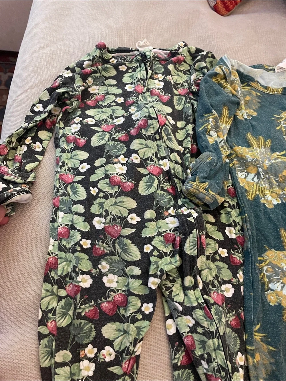 Kate Quinn set of Footie Pajamas Green Floral & Strawberry Prints